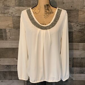 Studio Y Long Sleeve Sheer Top With Beaded Neckline
